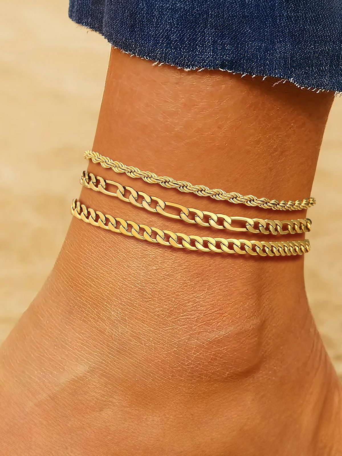 3 Pcs Layered Anklet Set in 14K Gold Plated