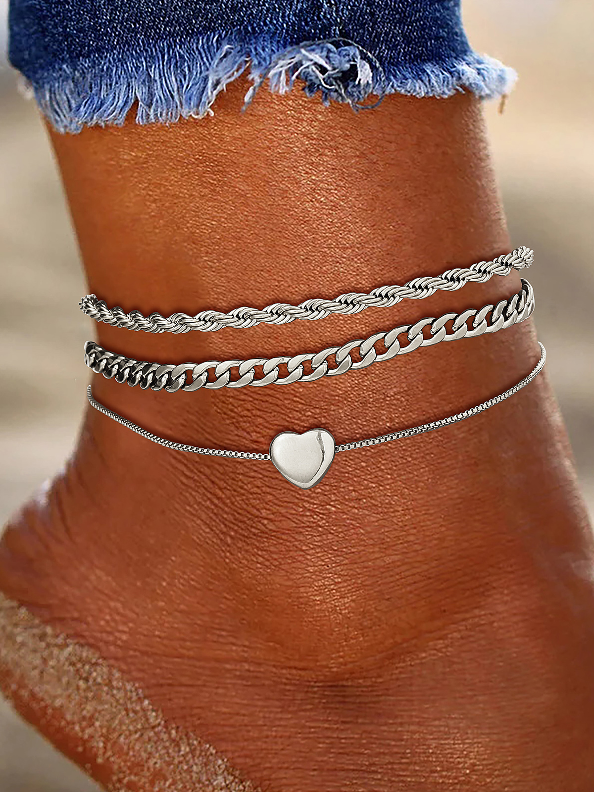 3 Pcs Layered Anklet Set in Stainless