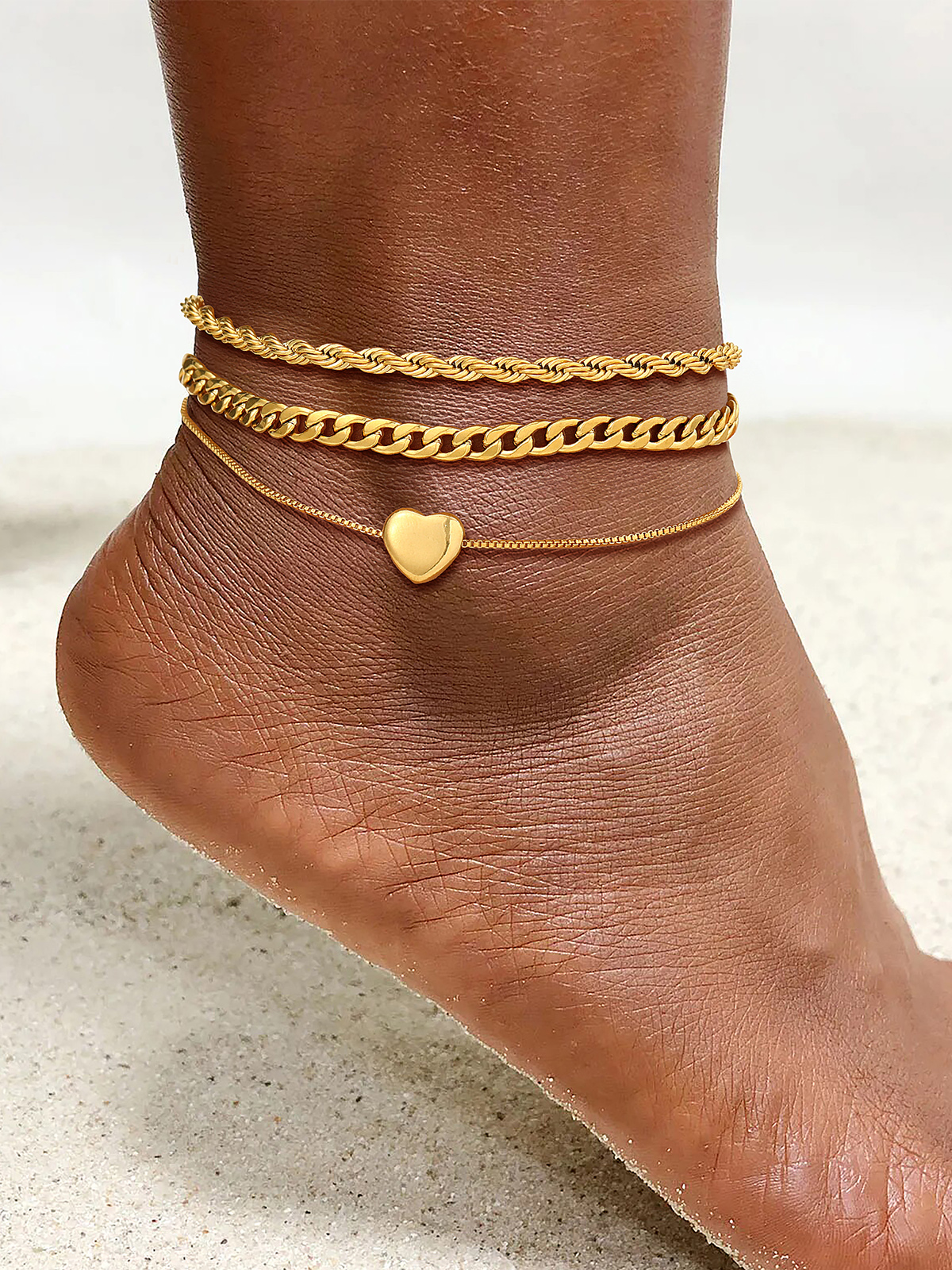 3 Pcs Layered Anklet Set in 14K Gold Plated