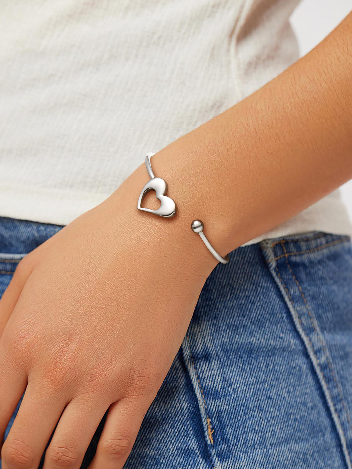 Open Adjustable Bangle Heart Cuff Bracelet in Stainless