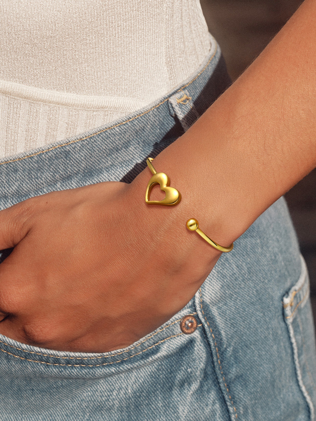Open Adjustable Bangle Heart Cuff Bracelet in 18K Gold Plated