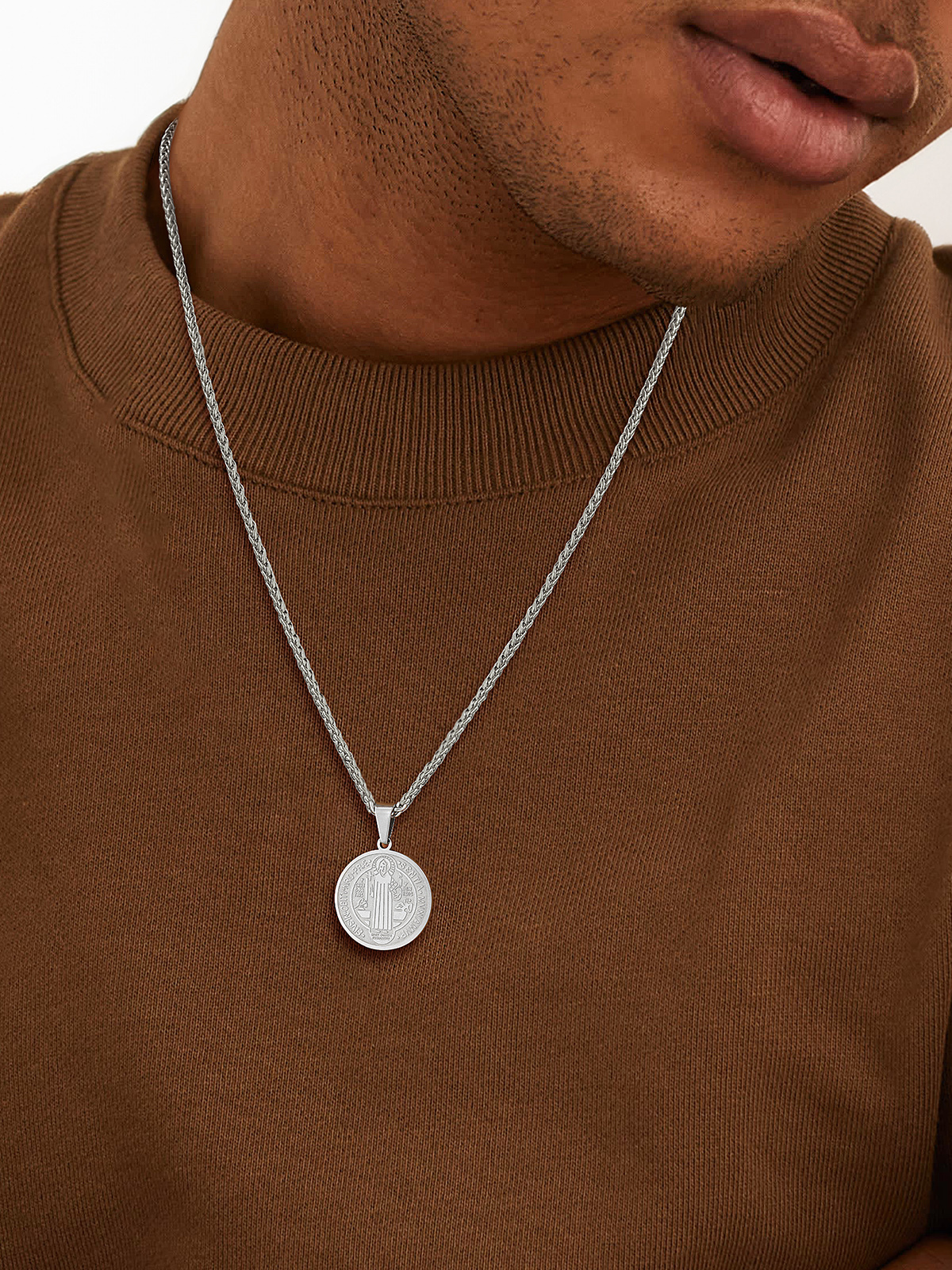 Saint Benedict Pendant Round Coin Medal Necklace in Stainless Steel