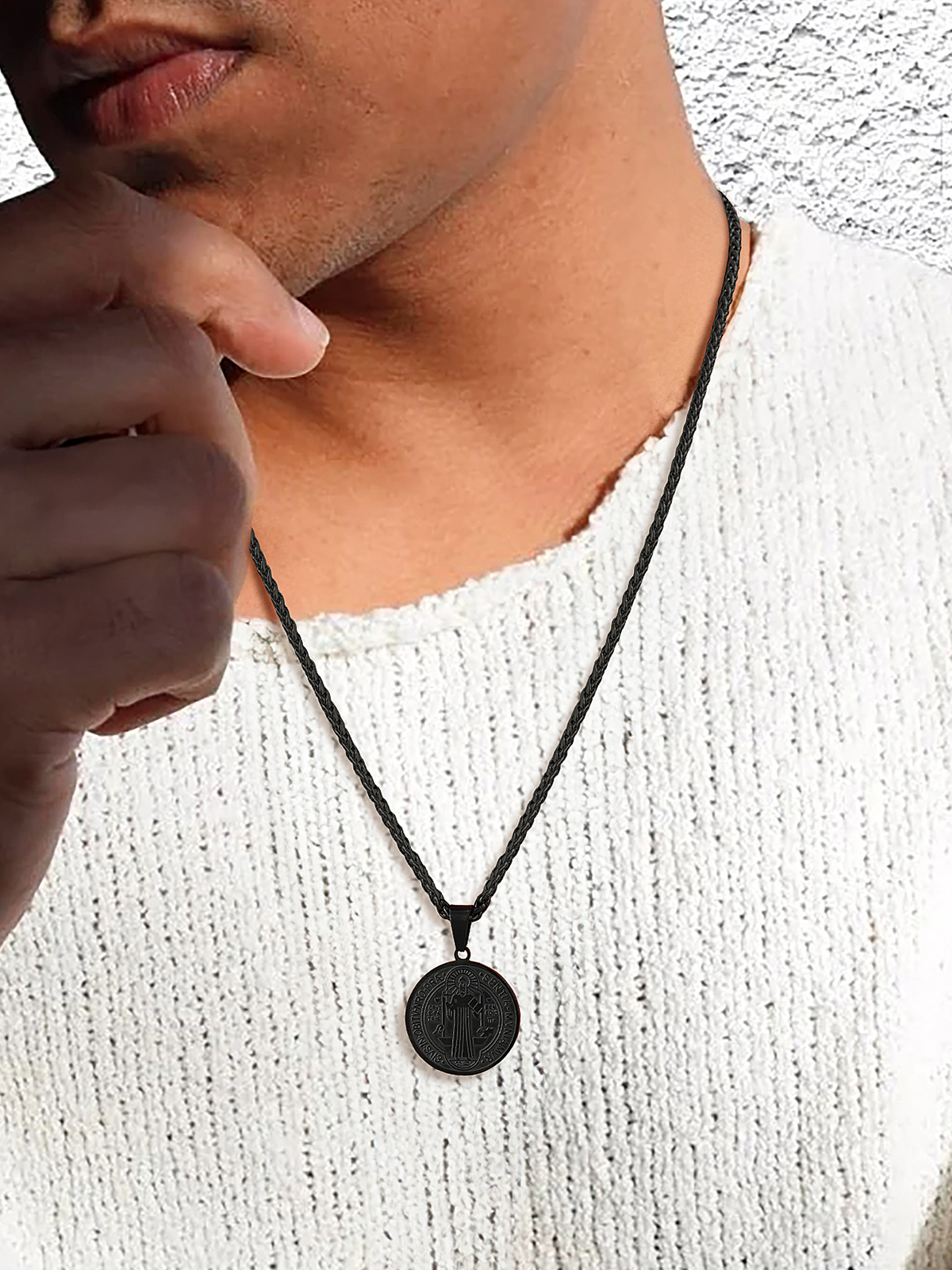 Saint Benedict Pendant Round Coin Medal Necklace in Black