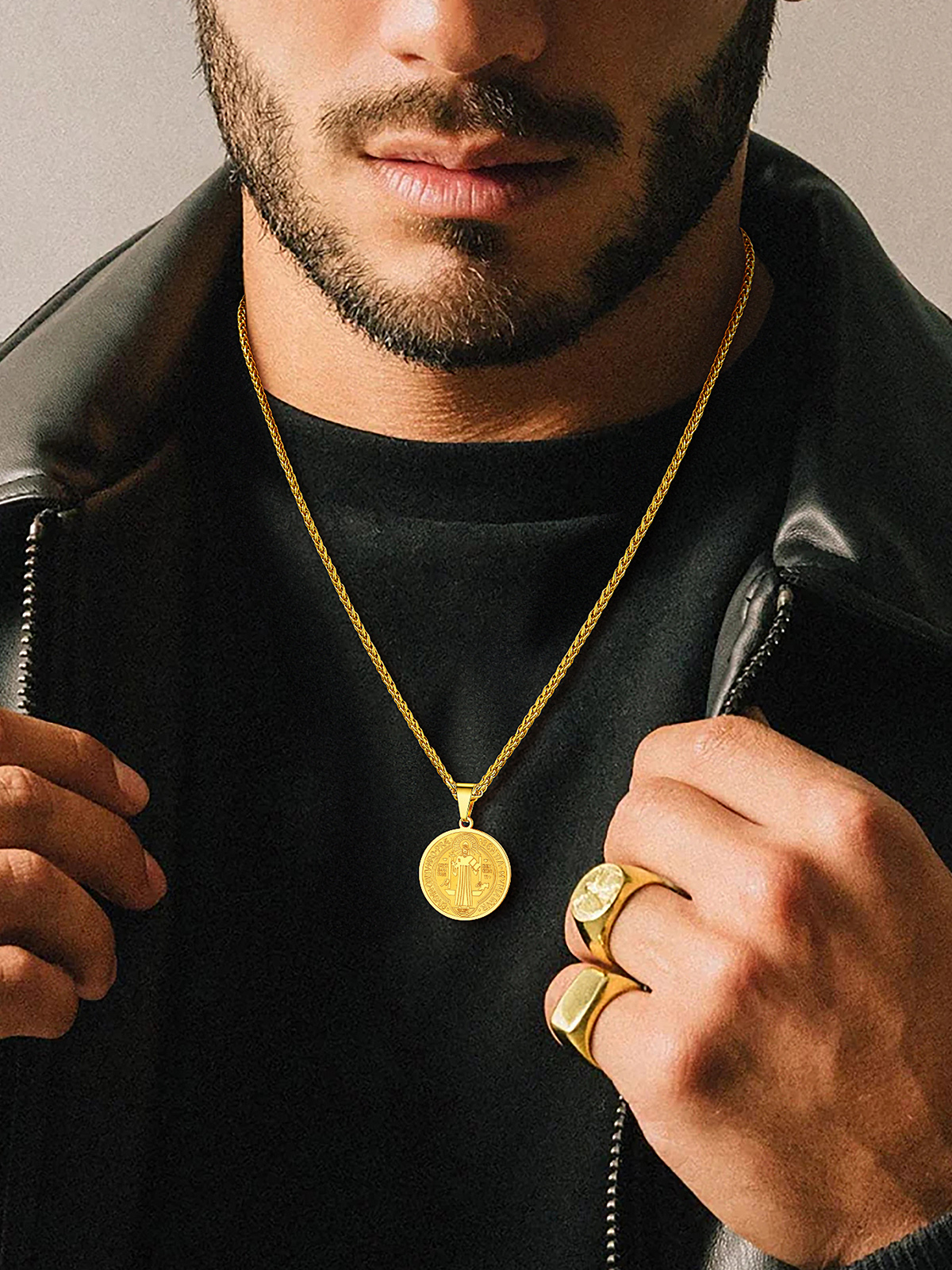Saint Benedict Pendant Round Coin Medal Necklace in 18K Gold