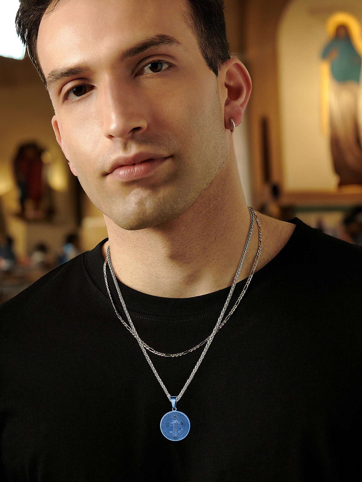 Saint Benedict Pendant Round Coin Medal Necklace in Blue