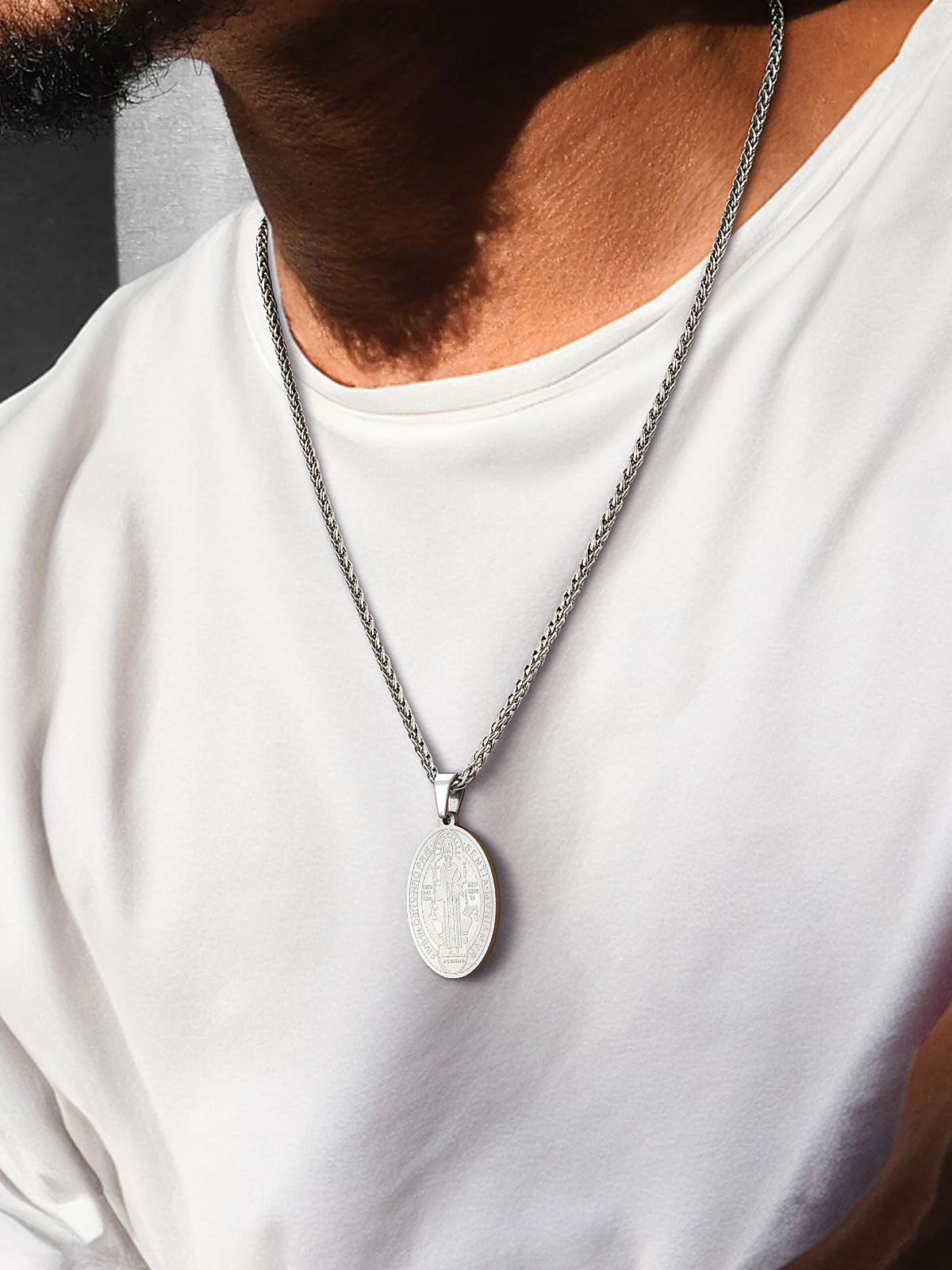 Saint Benedict Pendant Oval Coin Medal Necklace in Stainless
