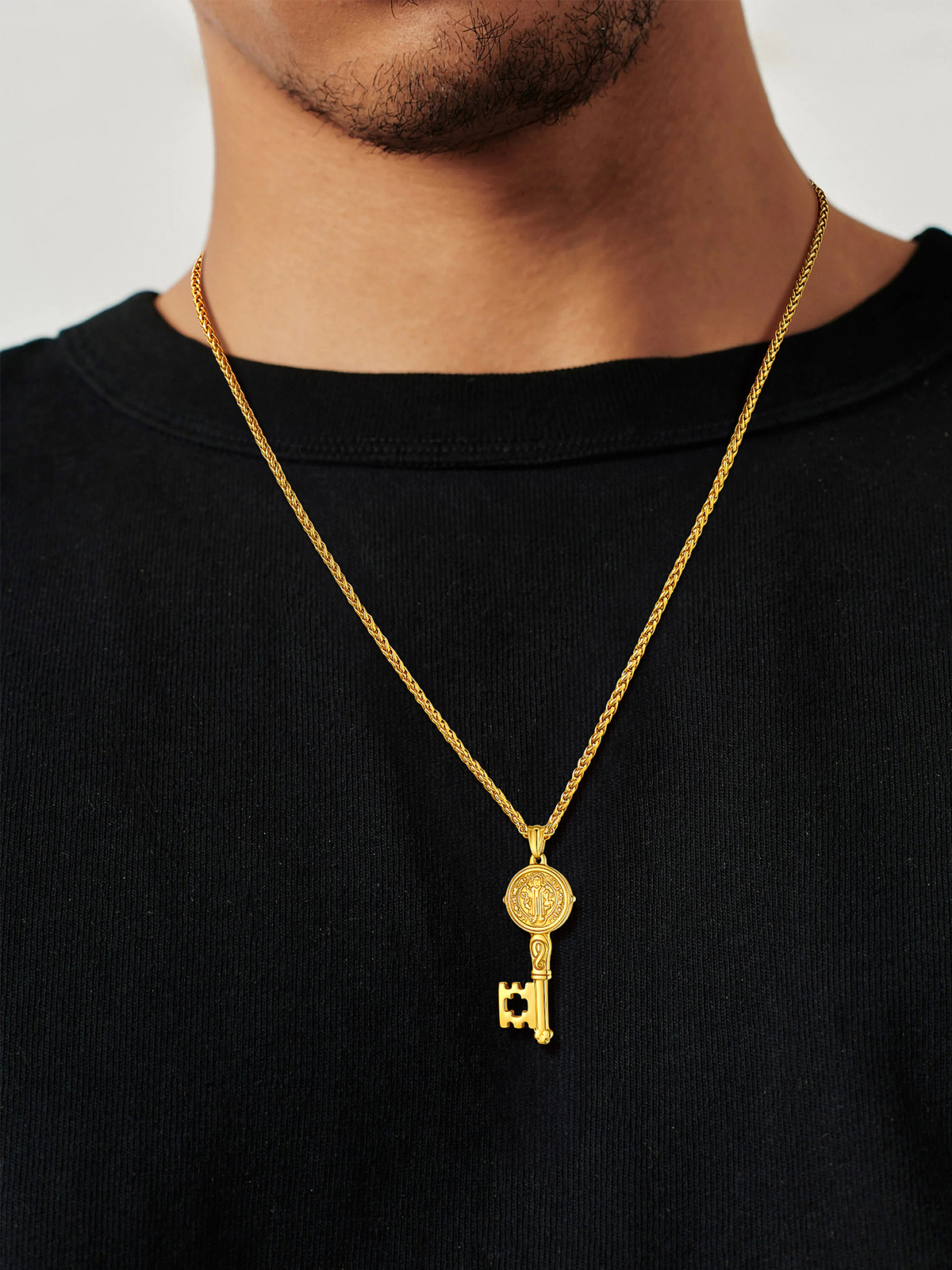 Saint Benedict Pendant Medal Key Necklace in 18K Gold