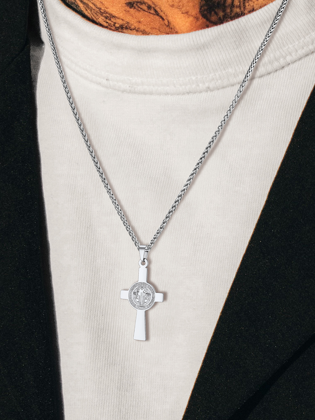 Saint Benedict Pendant Medal Cross Necklace in Stainless