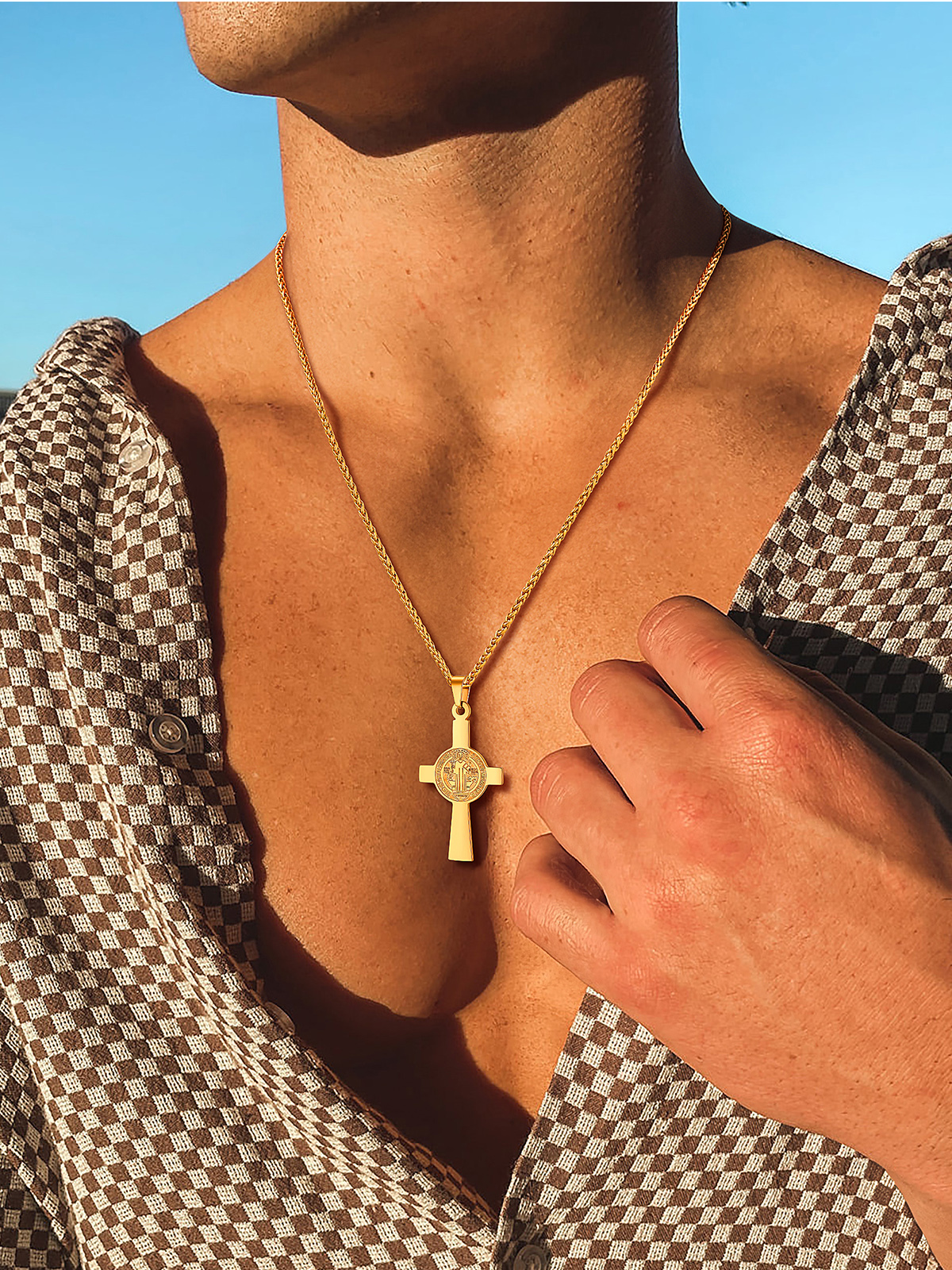Saint Benedict Pendant Medal Cross Necklace in 18K Gold Plated