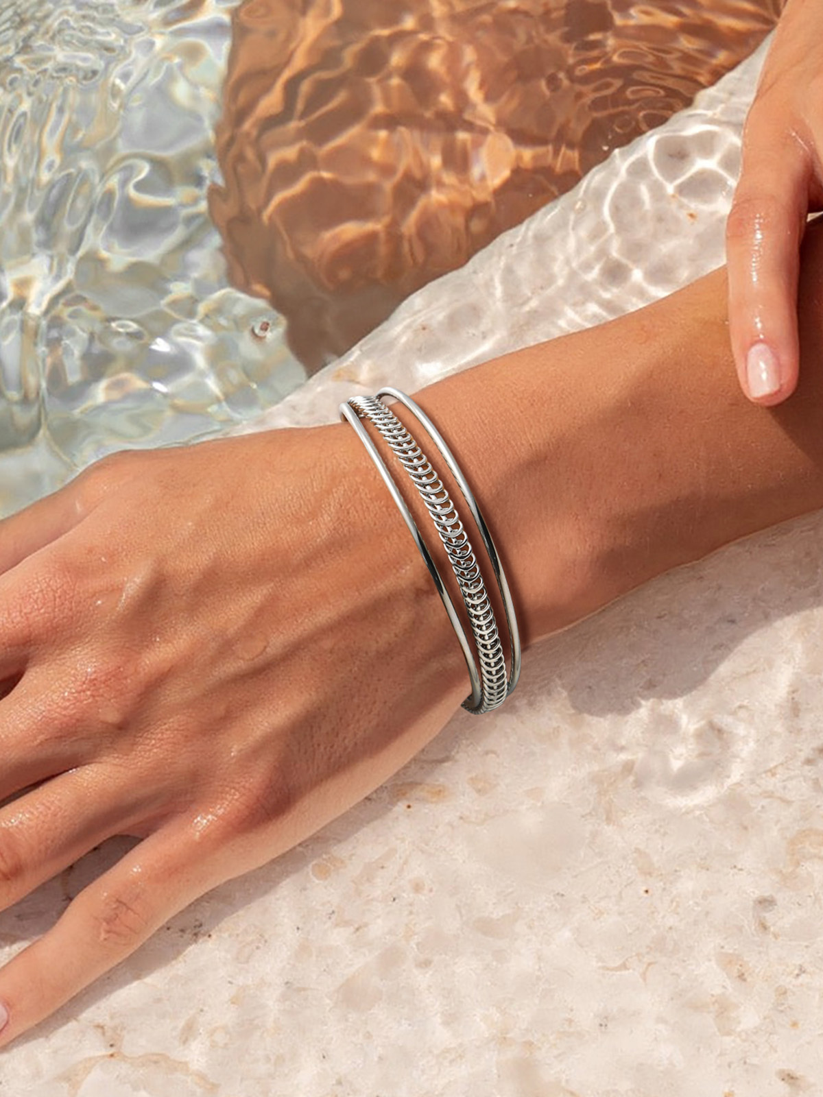 Open Adjustable Bangle Layered Cuff Bracelet in Platinum Plated