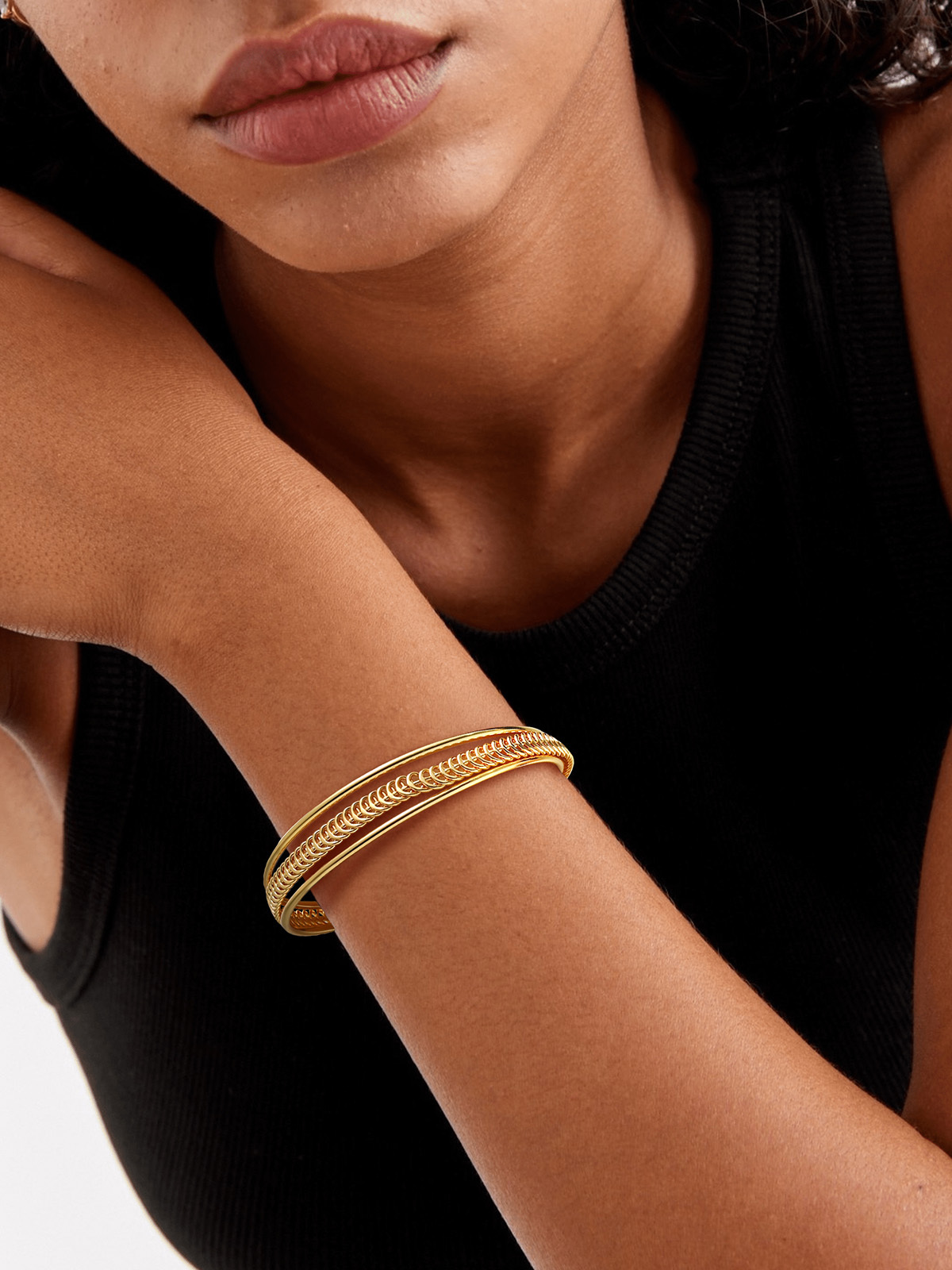 Open Adjustable Bangle Layered Cuff Bracelet in 18K Gold Plated