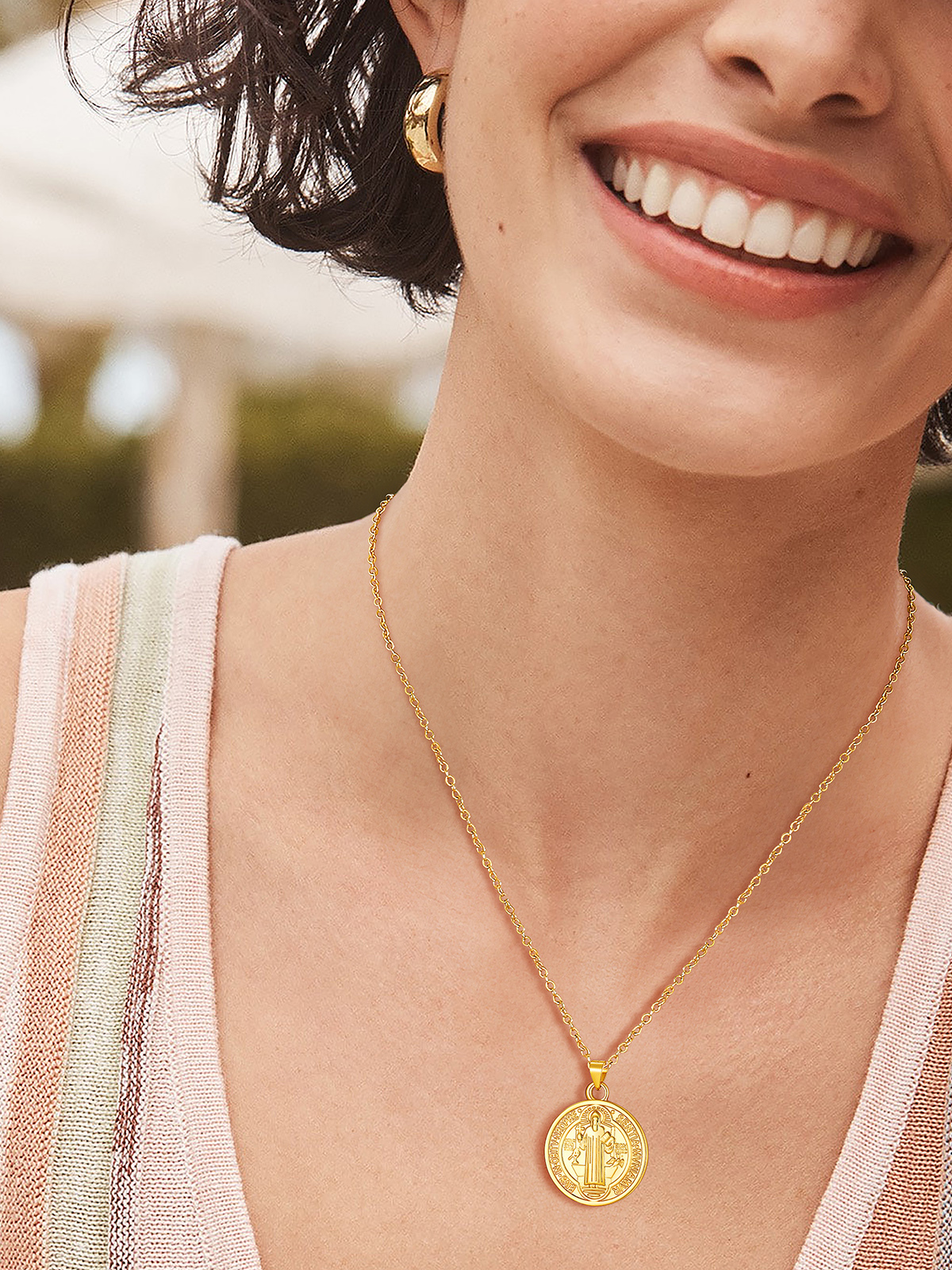Round Coin Medal Necklace Saint Benedict Pendant in 18K Gold