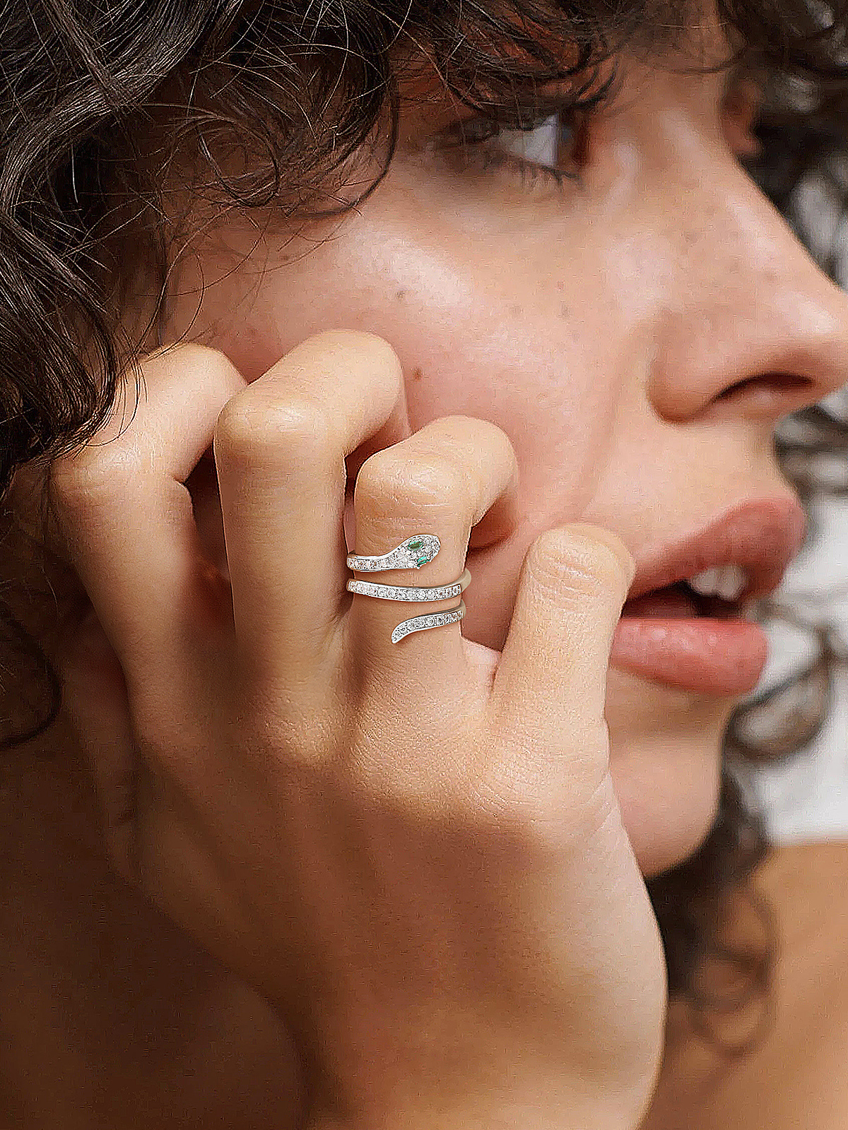 Adjustable Gothic Snake Statement Ring with Emerald Crystal in Silver