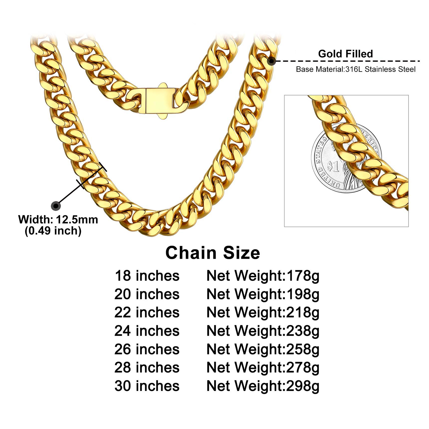 12mm Miami Cuban Chain Necklace Details-Necklace Length, Weight