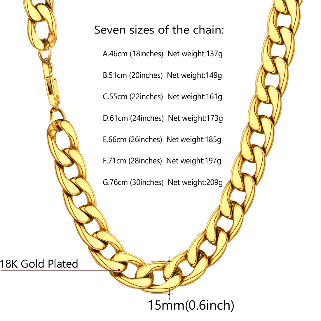 15mm Thick Cuban Chain Necklace Details-Necklace Length, Weight