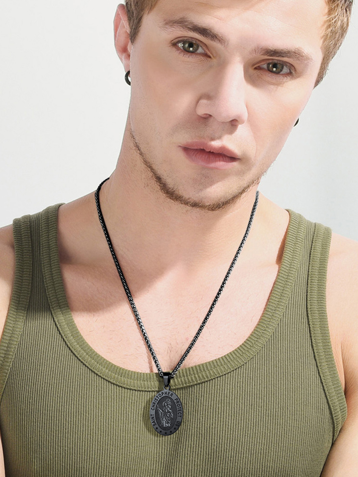 Saint Christopher Pendant Oval Medal Necklace in Black Plated