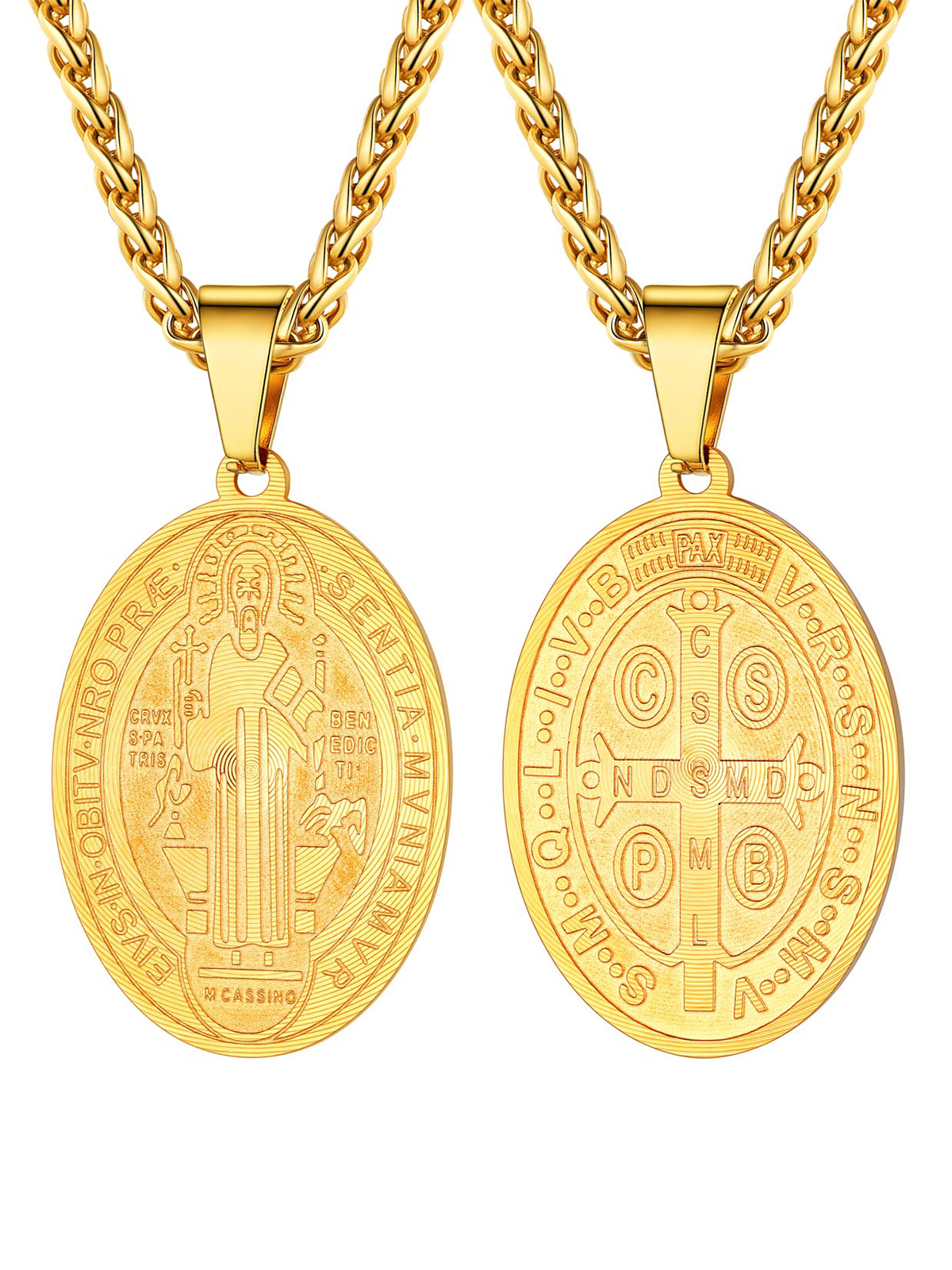 Saint Benedict Pendant Oval Coin Medal Necklace in 18K Gold Plated