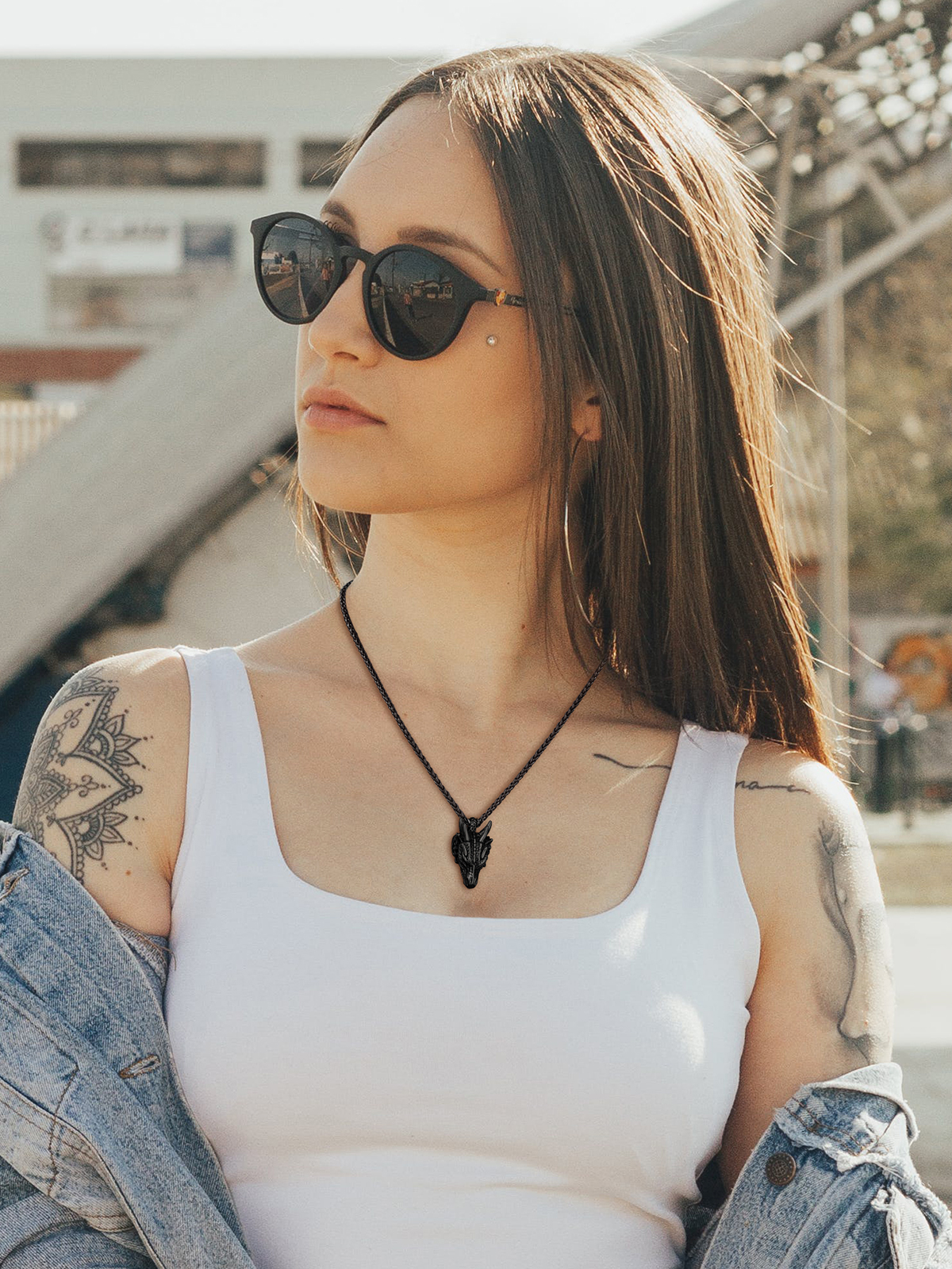 Dragon Head Pendant Animal Necklace in Black Plated