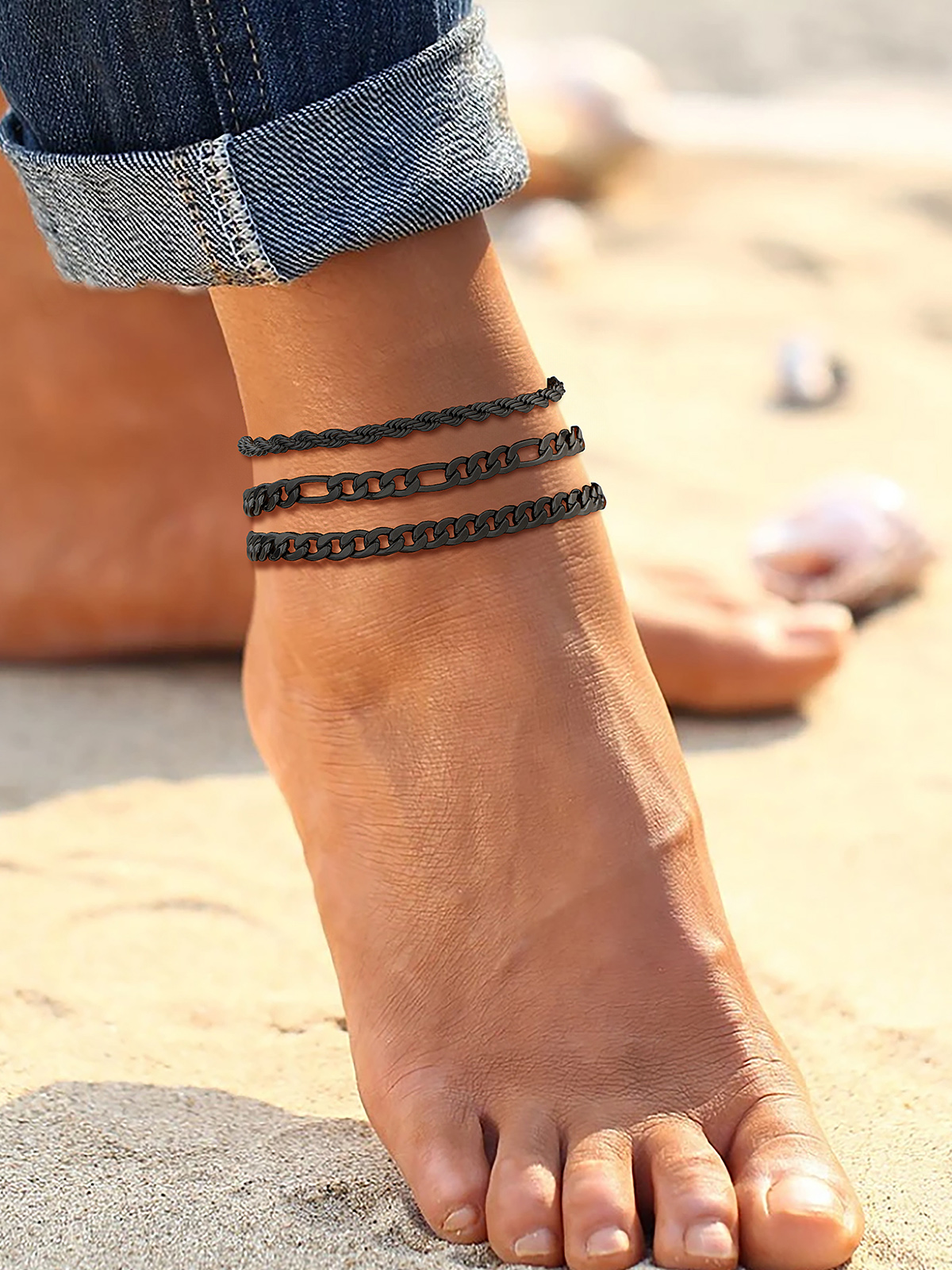 3 Pcs Layered Anklet Set in Black Plated (Rope/Figaro/Cuban Chain)