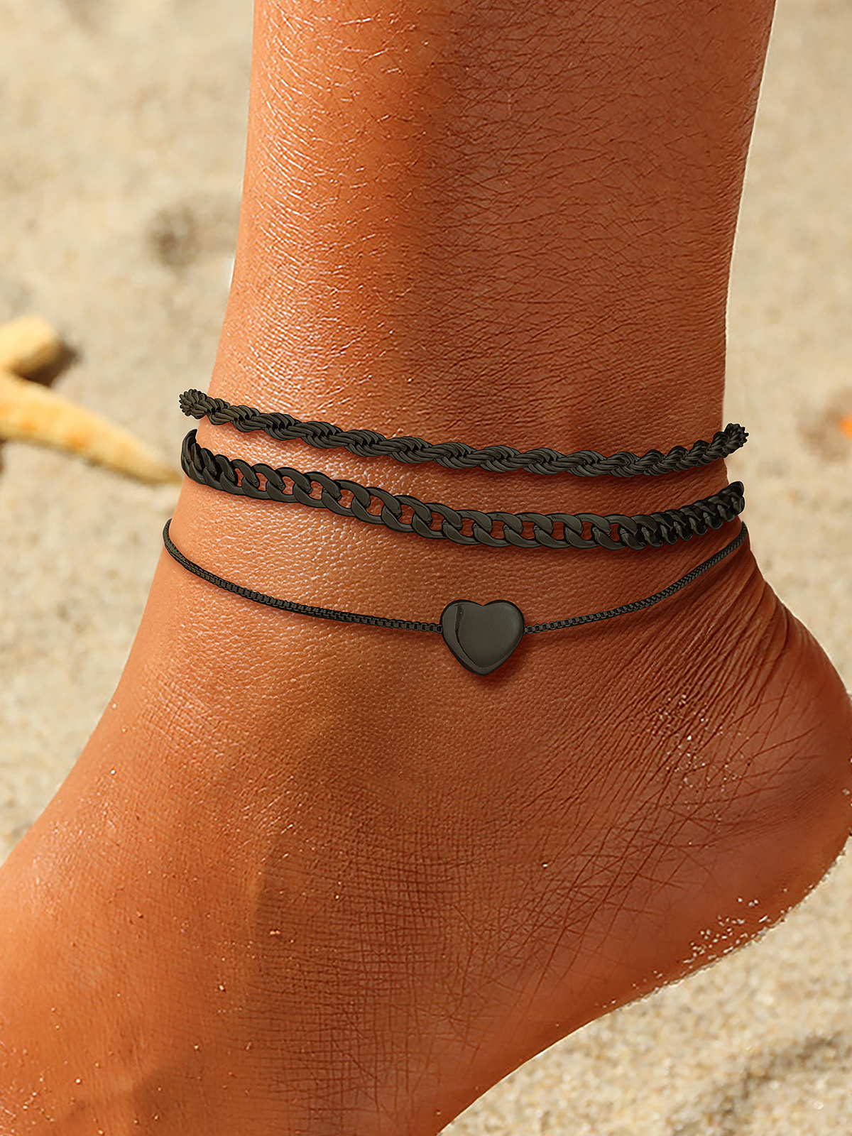 3 Pcs Layered Anklet Set in Black Plated