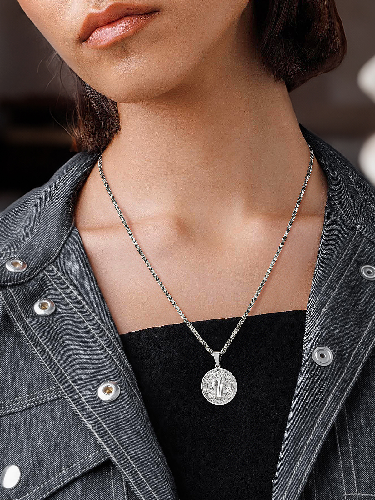 Saint Benedict Pendant Round Coin Medal Necklace in Stainless Steel