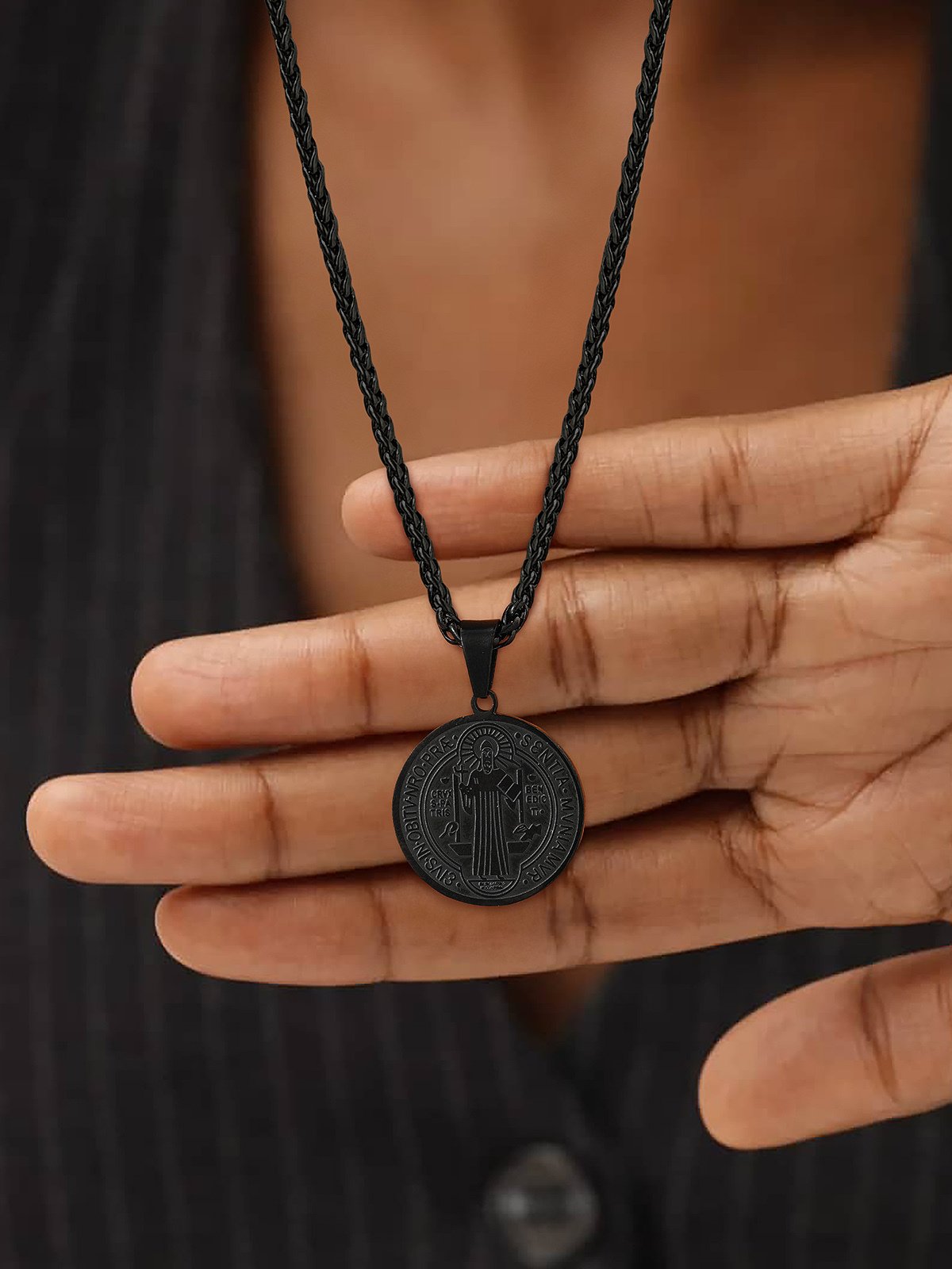 Saint Benedict Pendant Round Coin Medal Necklace in Black
