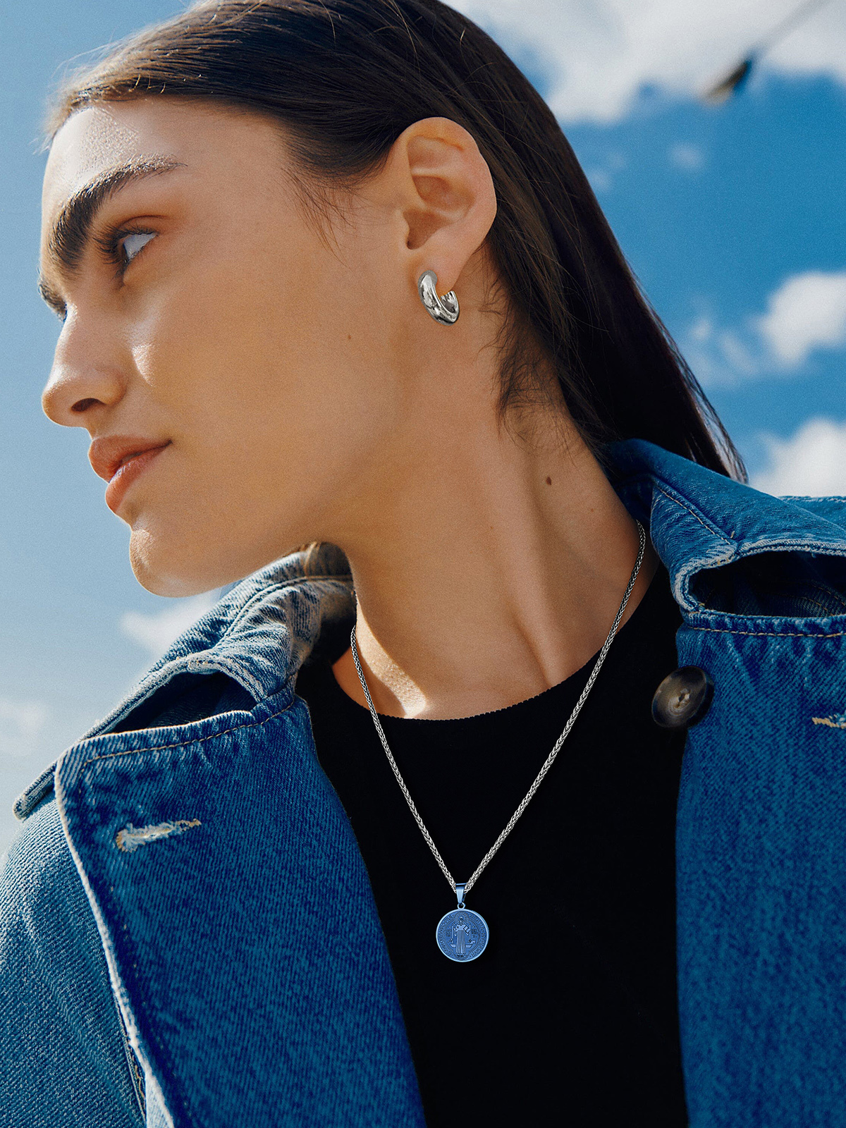 Saint Benedict Pendant Round Coin Medal Necklace in Blue
