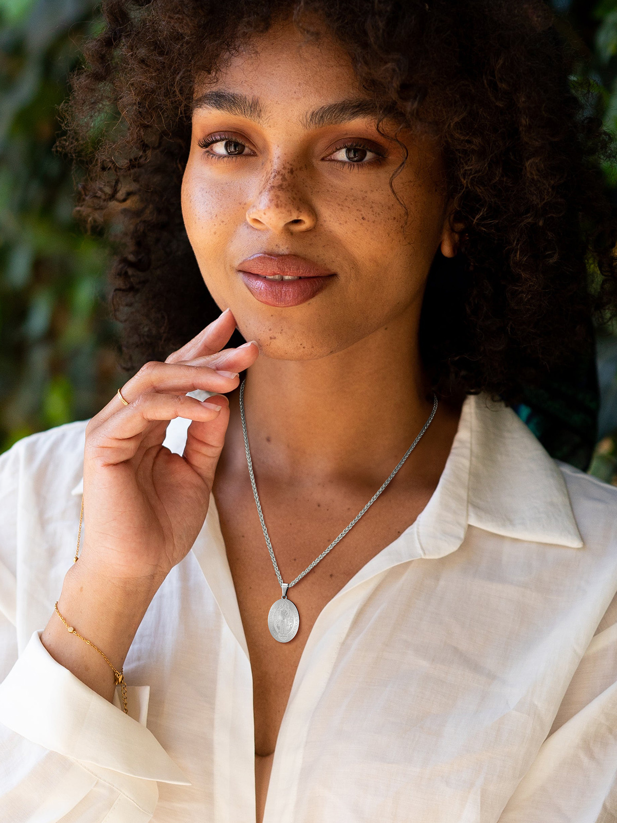 Saint Benedict Pendant Oval Coin Medal Necklace in Stainless