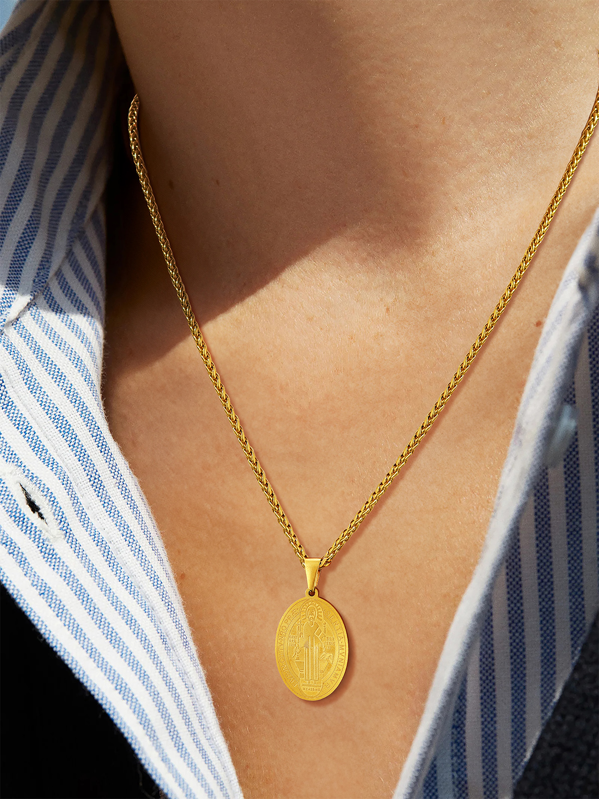 Saint Benedict Pendant Oval Coin Medal Necklace in 18K Gold Plated