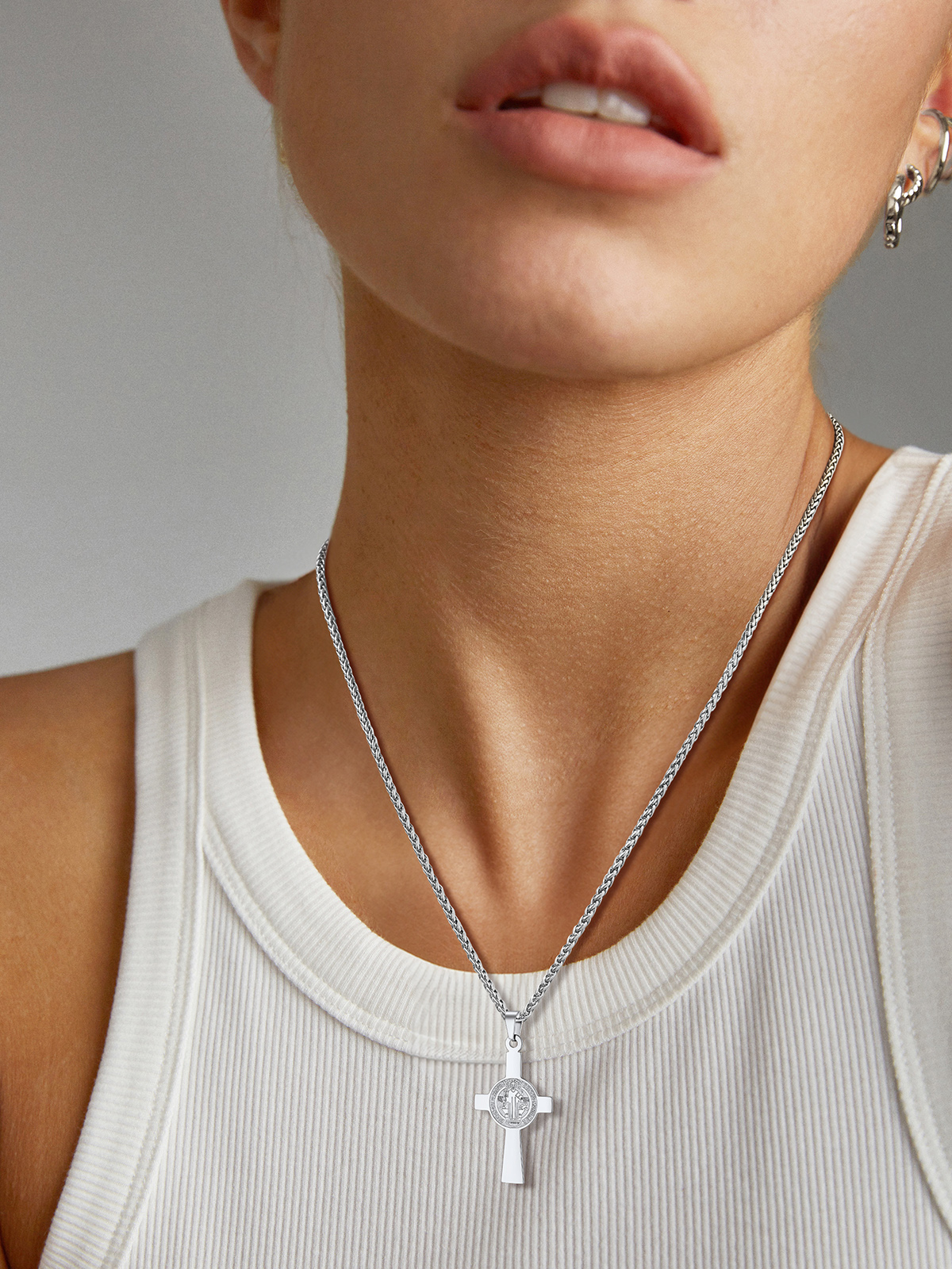 Saint Benedict Pendant Medal Cross Necklace in Stainless