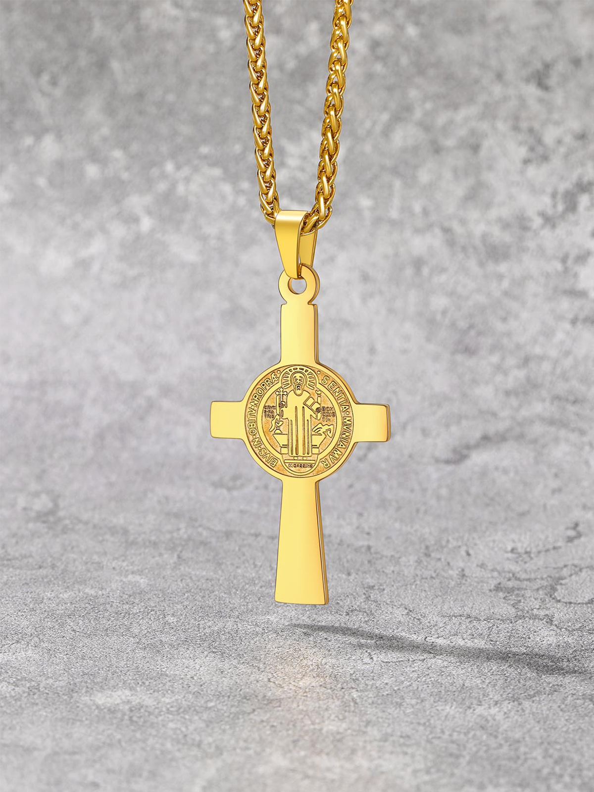Saint Benedict Pendant Medal Cross Necklace in 18K Gold Plated