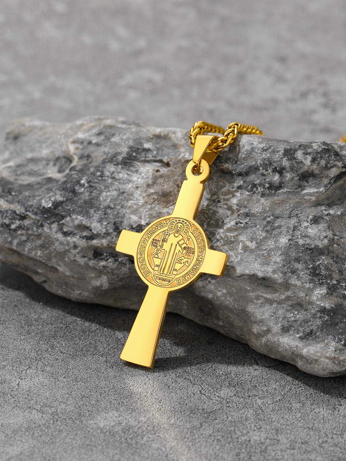 Saint Benedict Pendant Medal Cross Necklace in 18K Gold Plated