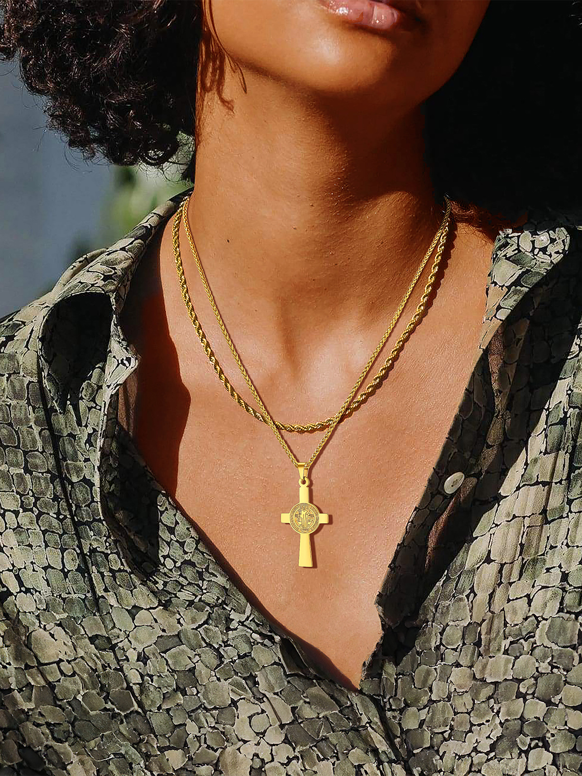 Saint Benedict Pendant Medal Cross Necklace in 18K Gold Plated