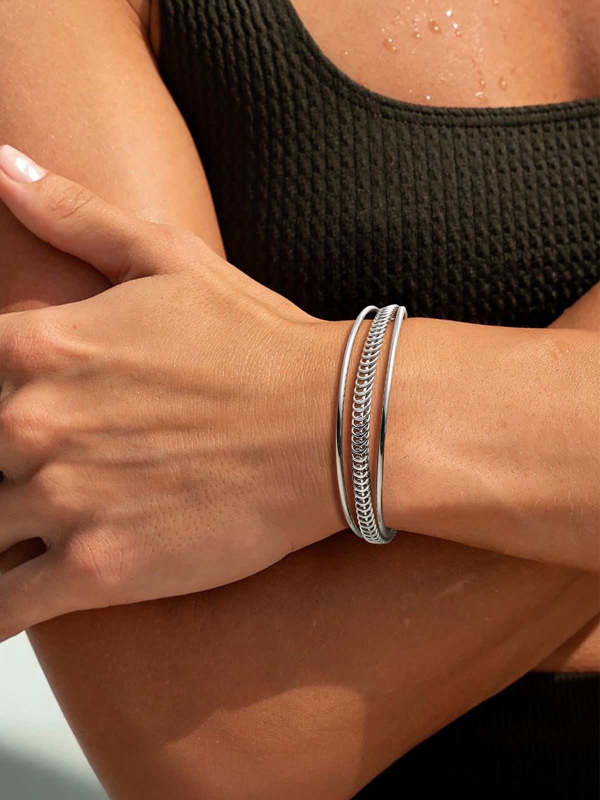 Open Adjustable Bangle Layered Cuff Bracelet in Platinum Plated