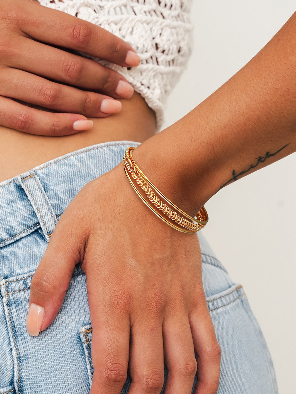 Open Adjustable Bangle Layered Cuff Bracelet in 18K Gold Plated