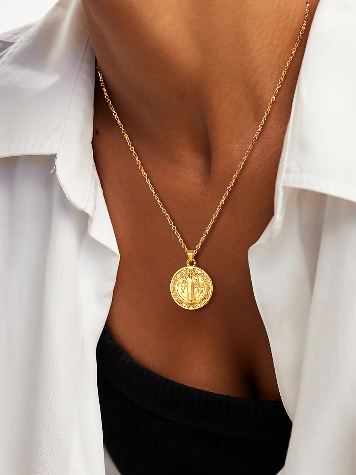 Round Coin Medal Necklace Saint Benedict Pendant in 18K Gold