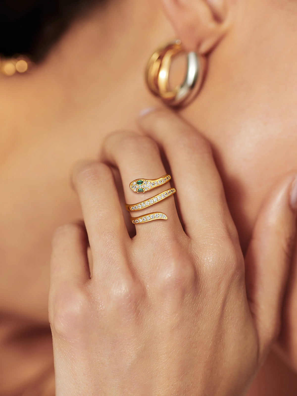 Adjustable Gothic Snake Statement Ring with Emerald Crystal
