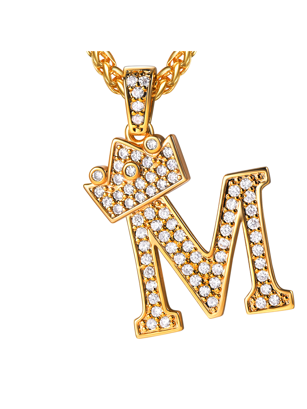 Crown Initial M Pendant Iced Out Necklace with CZ in 18K Gold
