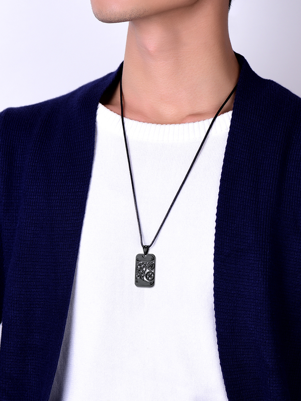 Rotatable Gear Pendant Steampunk Necklace with Braided Leather Chain in Black Plated
