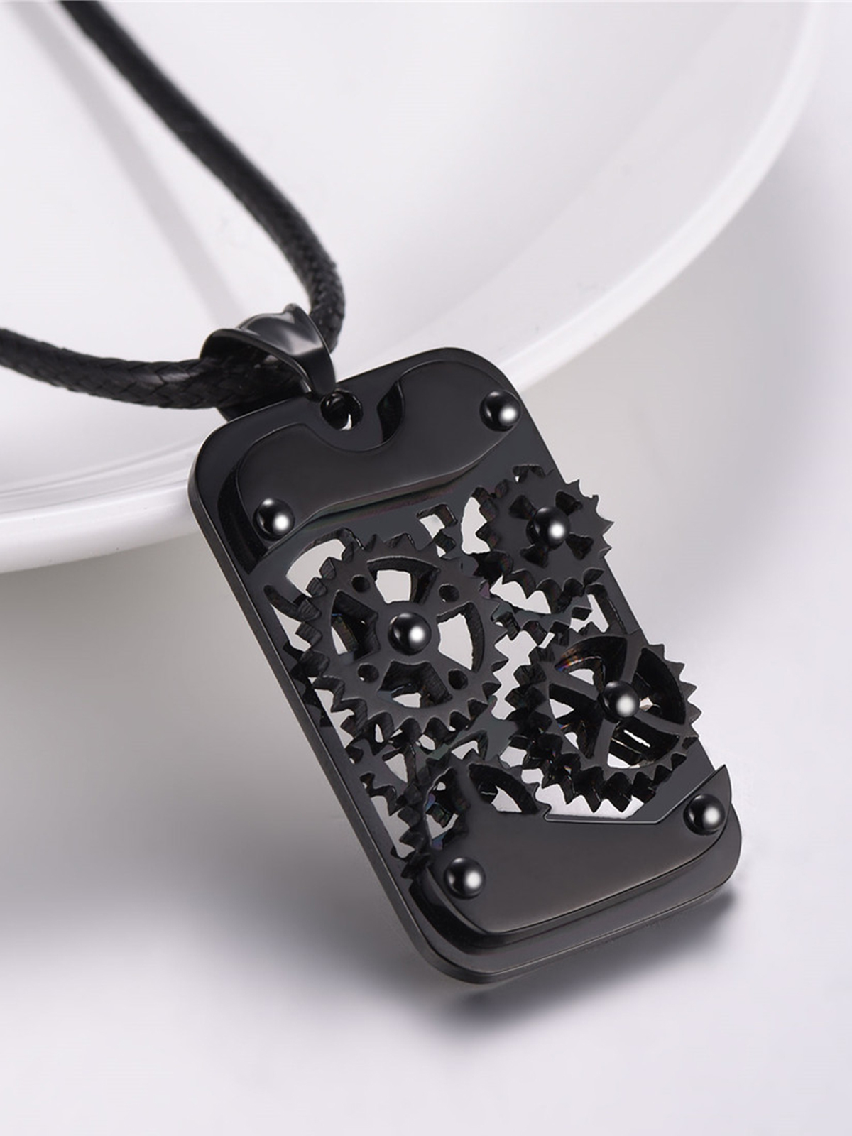 Rotatable Gear Pendant Steampunk Necklace with Braided Leather Chain in Black Plated
