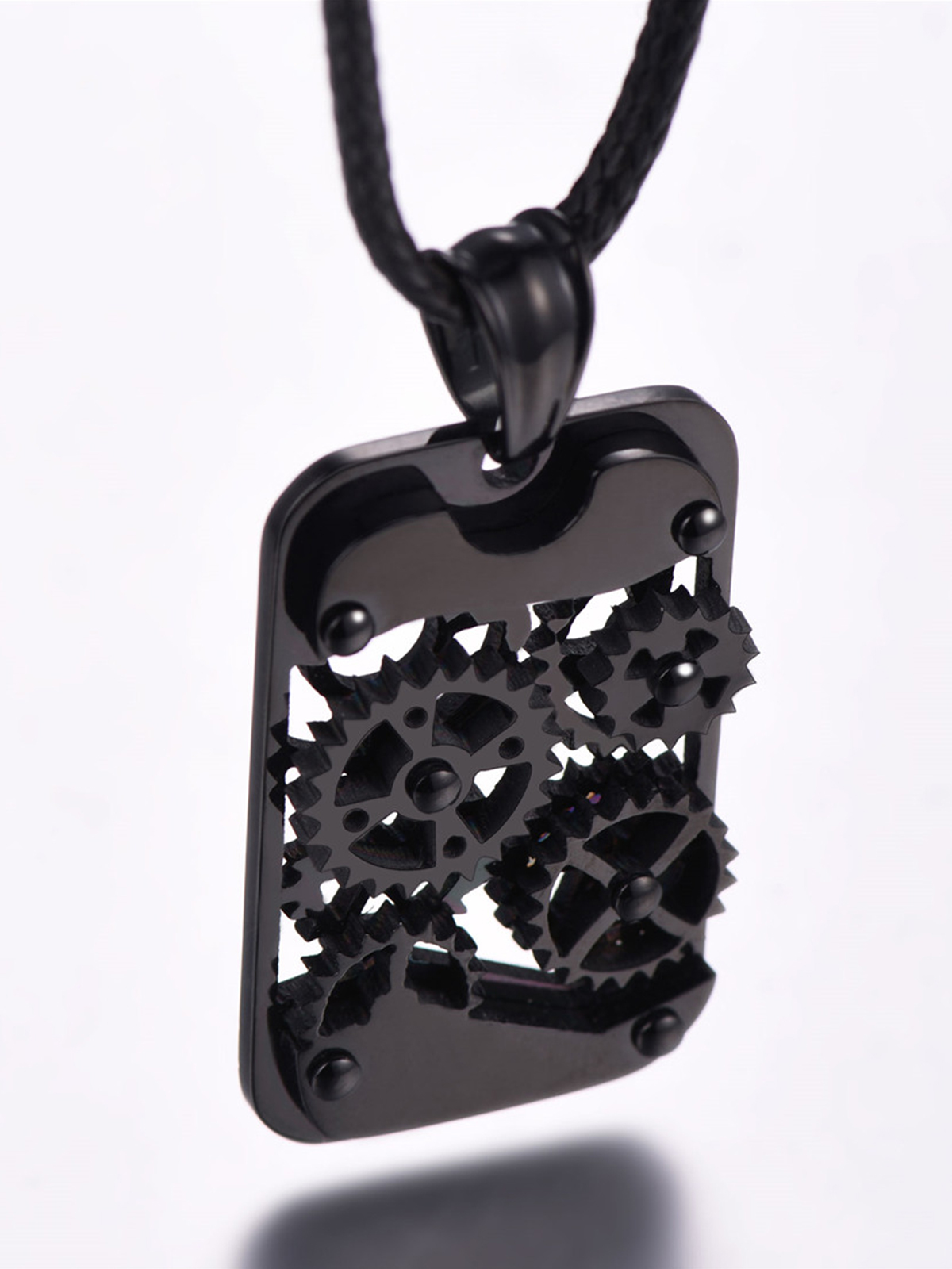 Rotatable Gear Pendant Steampunk Necklace with Braided Leather Chain in Black Plated