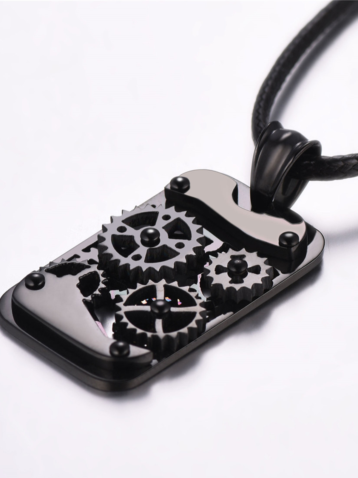 Rotatable Gear Pendant Steampunk Necklace with Braided Leather Chain in Black Plated