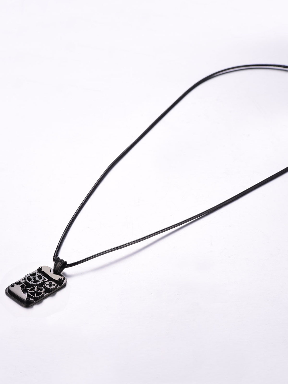Rotatable Gear Pendant Steampunk Necklace with Braided Leather Chain in Black Plated