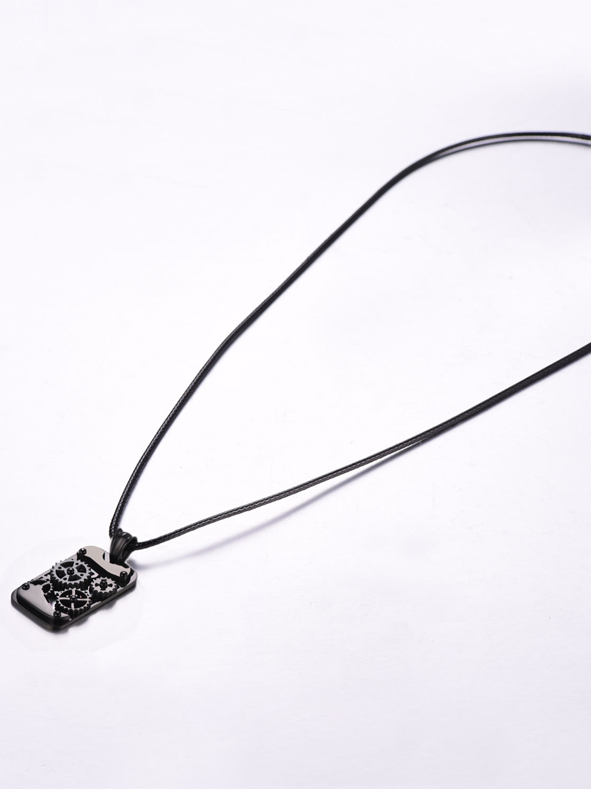 Rotatable Gear Pendant Steampunk Necklace with Braided Leather Chain in Black Plated