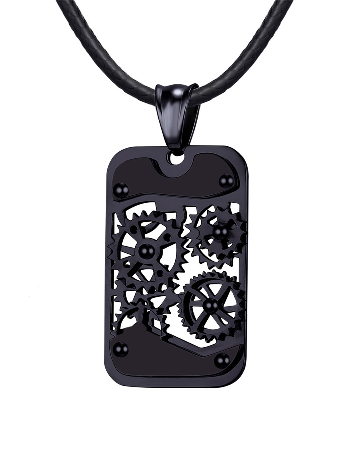 Rotatable Gear Pendant Steampunk Necklace with Braided Leather Chain in Black Plated