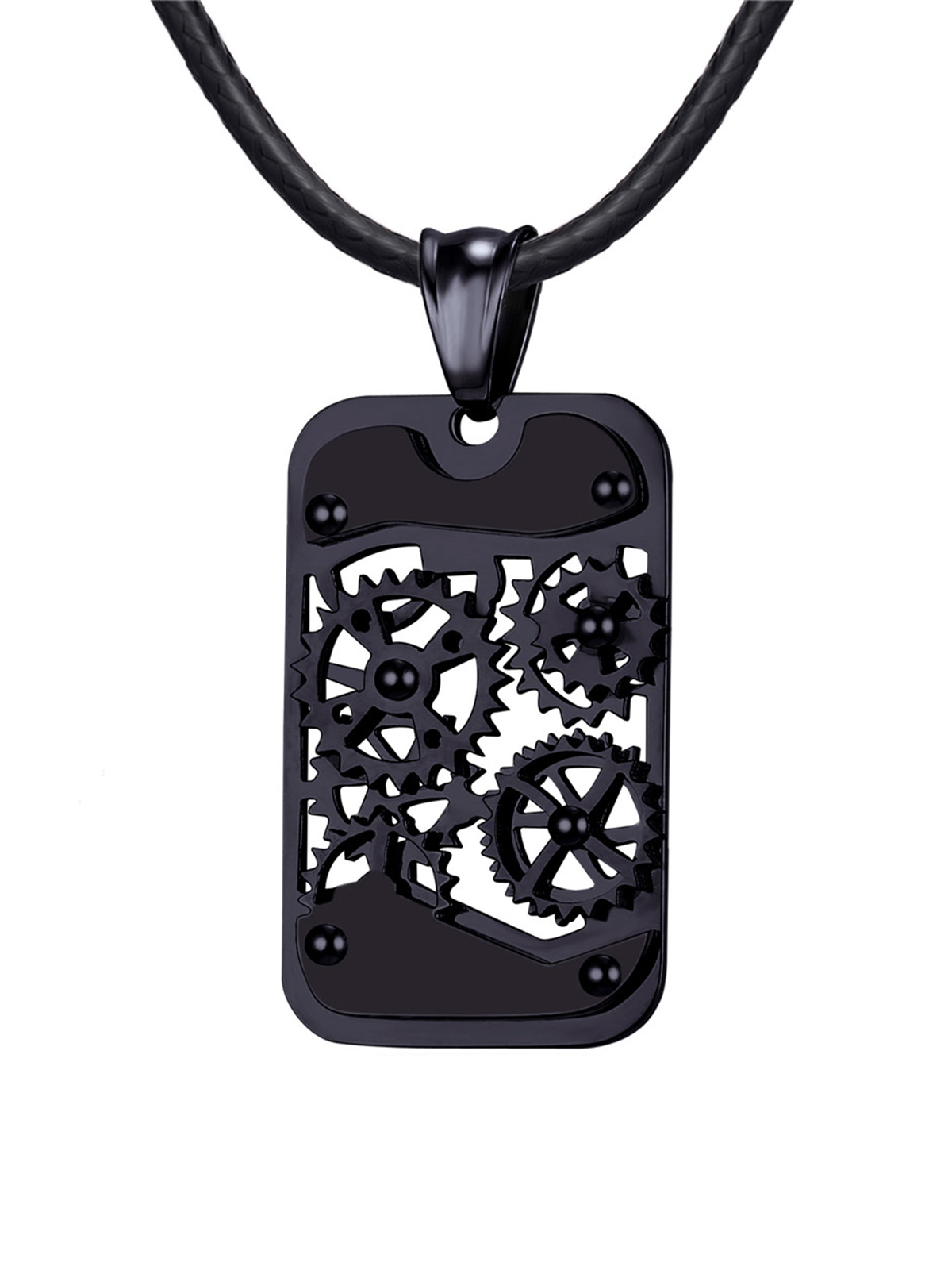 Rotatable Gear Pendant Steampunk Necklace with Braided Leather Chain in Black Plated