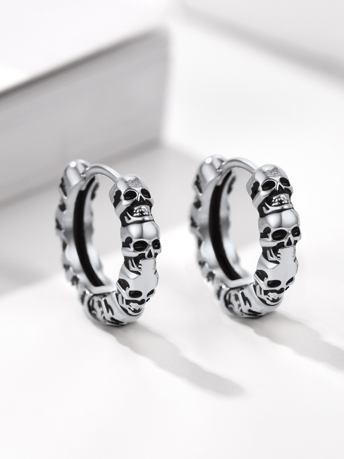 Skull Huggie Hoops Punk Rock Earrings in Platinum Plated