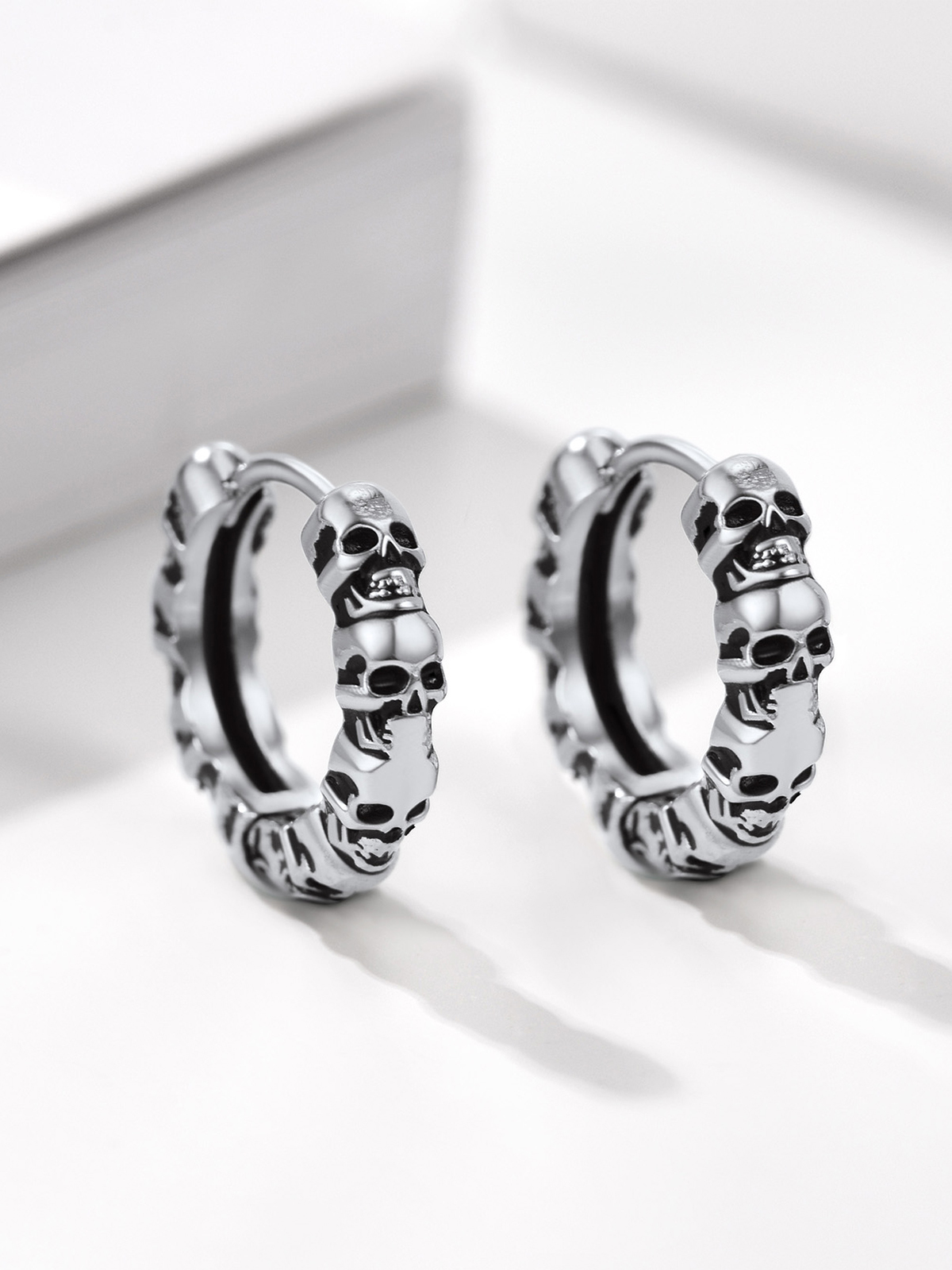 Skull Huggie Hoops Punk Rock Earrings in Platinum Plated