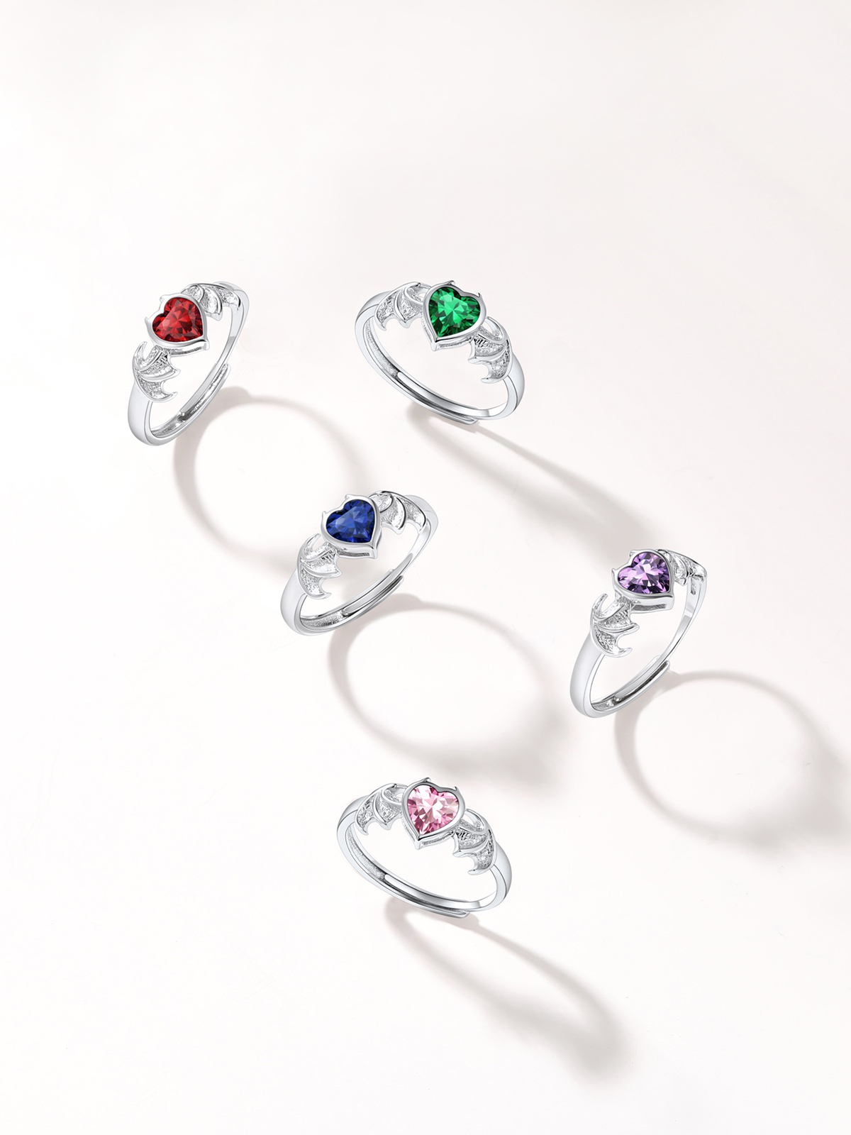 Halloween Gothic Jewelry Bat Ring Birthstone Heart Ring in Silver