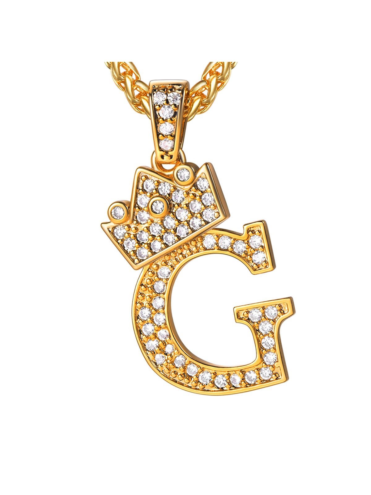 Crown Initial G Pendant Iced Out Necklace with CZ in 18K Gold